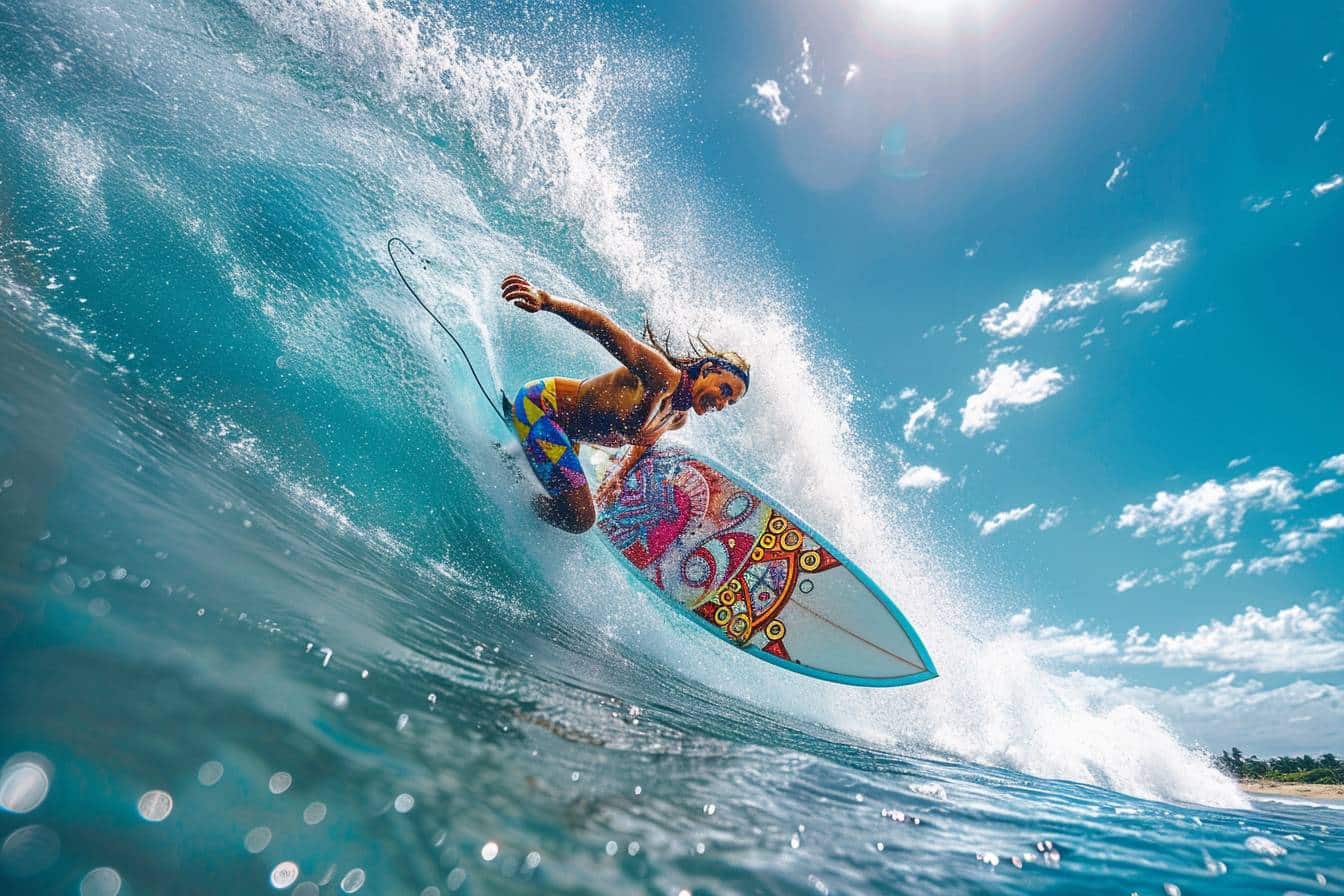 surf : scène de surfeurs chevauchant une vague au coucher du soleil