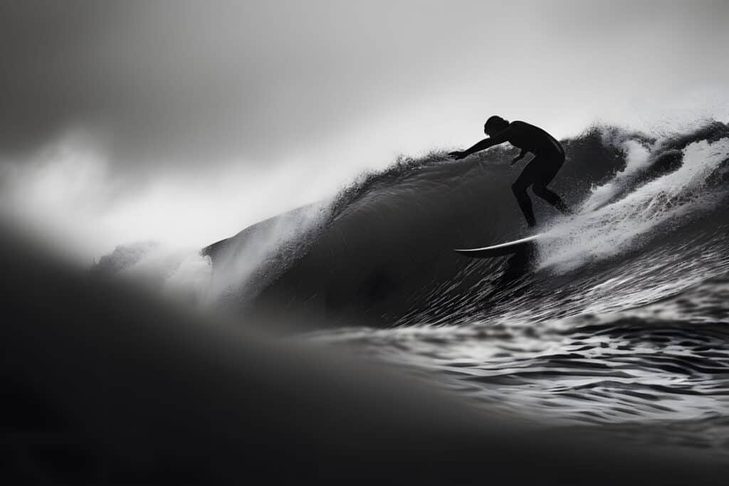 surfeur sur une vague, image en noir et blanc