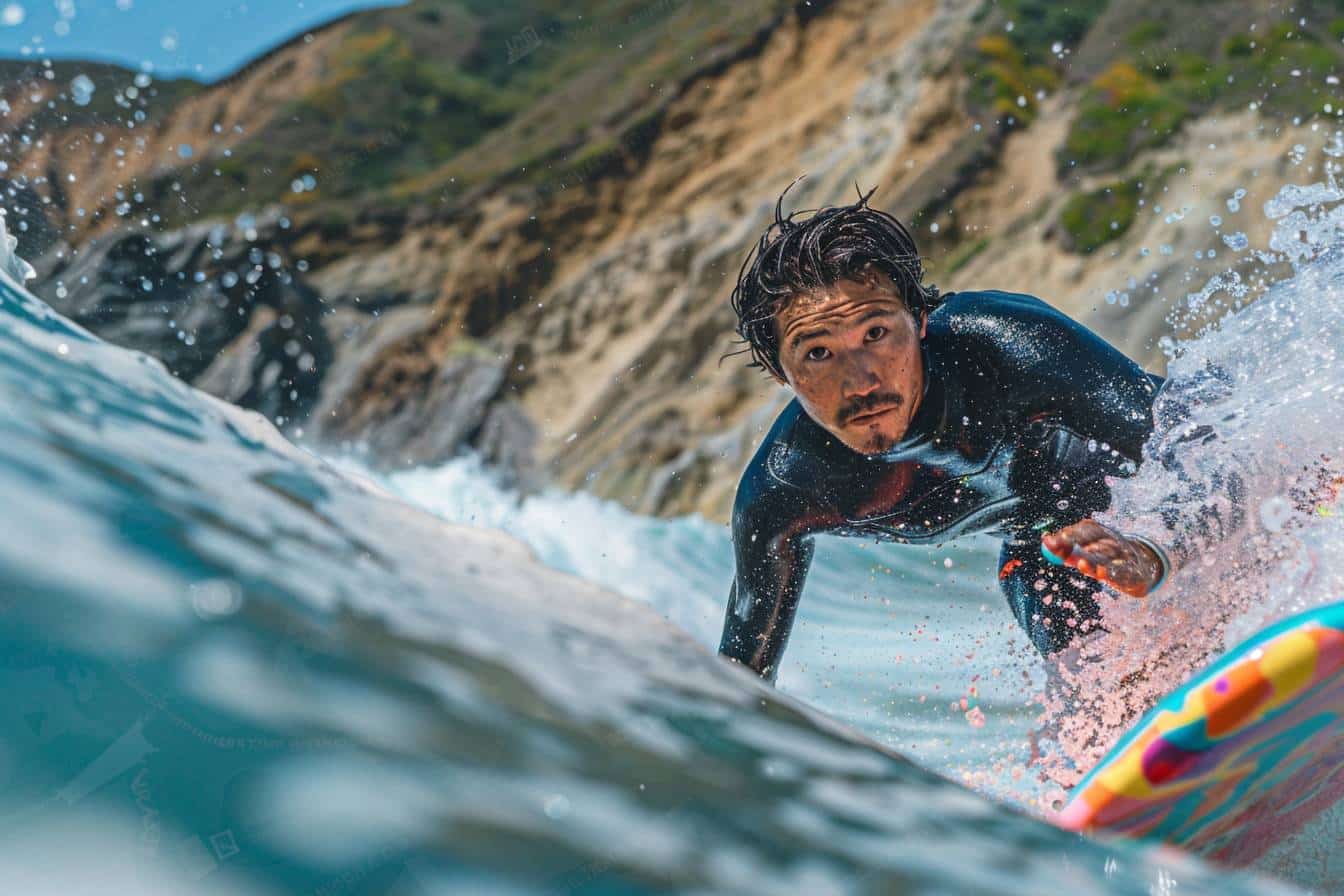 surf en Chine : un surfeur chevauchant une vague à Xichong sur la côte sud-est de la Chine