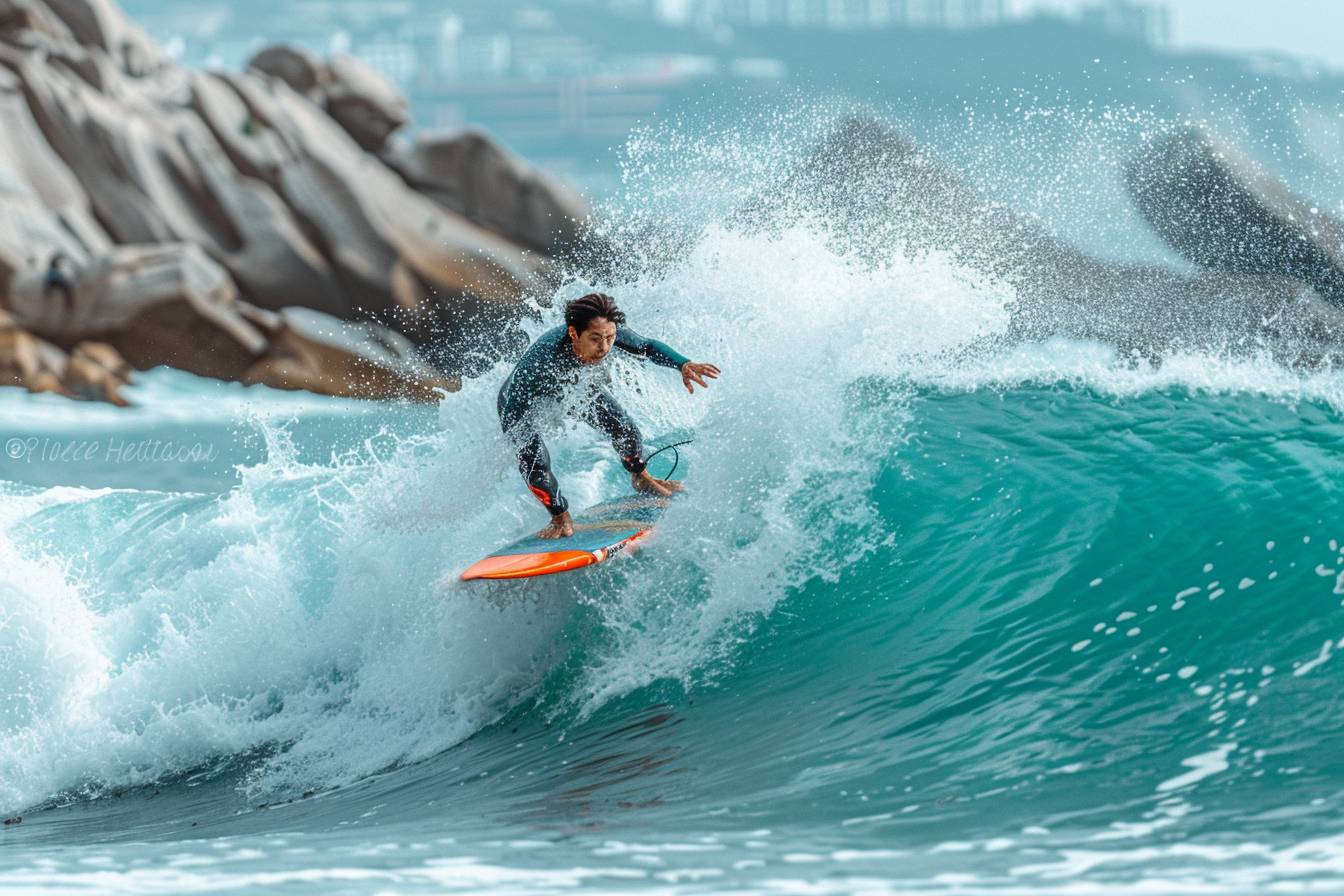 surf en Corée du Sud : surfeur chevauchant une vague sur une plage coréenne pittoresque