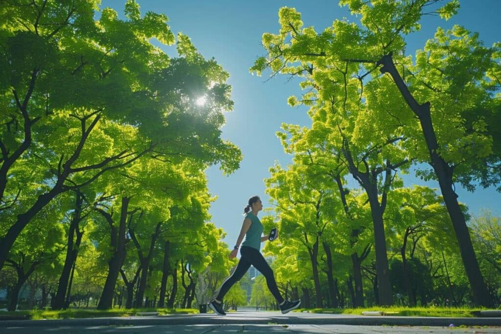 marche : silhouette marchant dans un parc ensoleillé