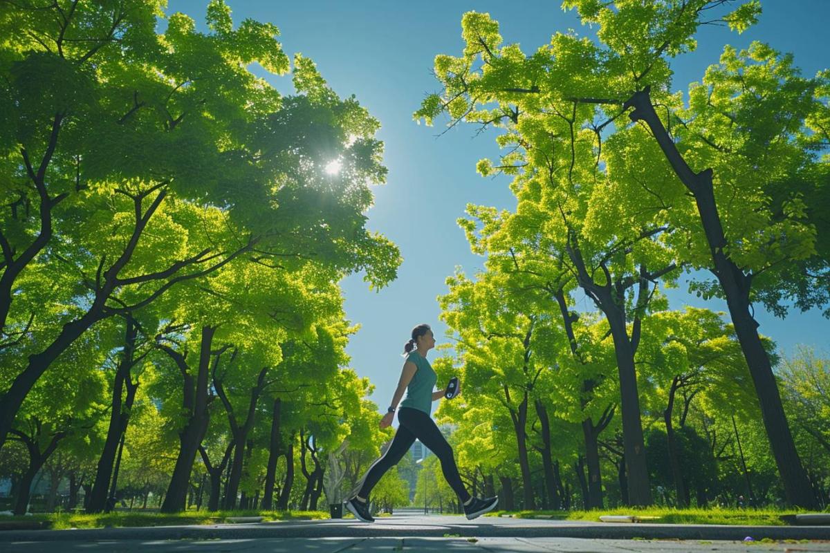 marche : silhouette marchant dans un parc ensoleillé