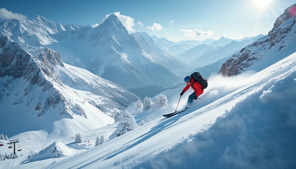 ski : skieur sur une montagne avec piste damée et terrain naturel
