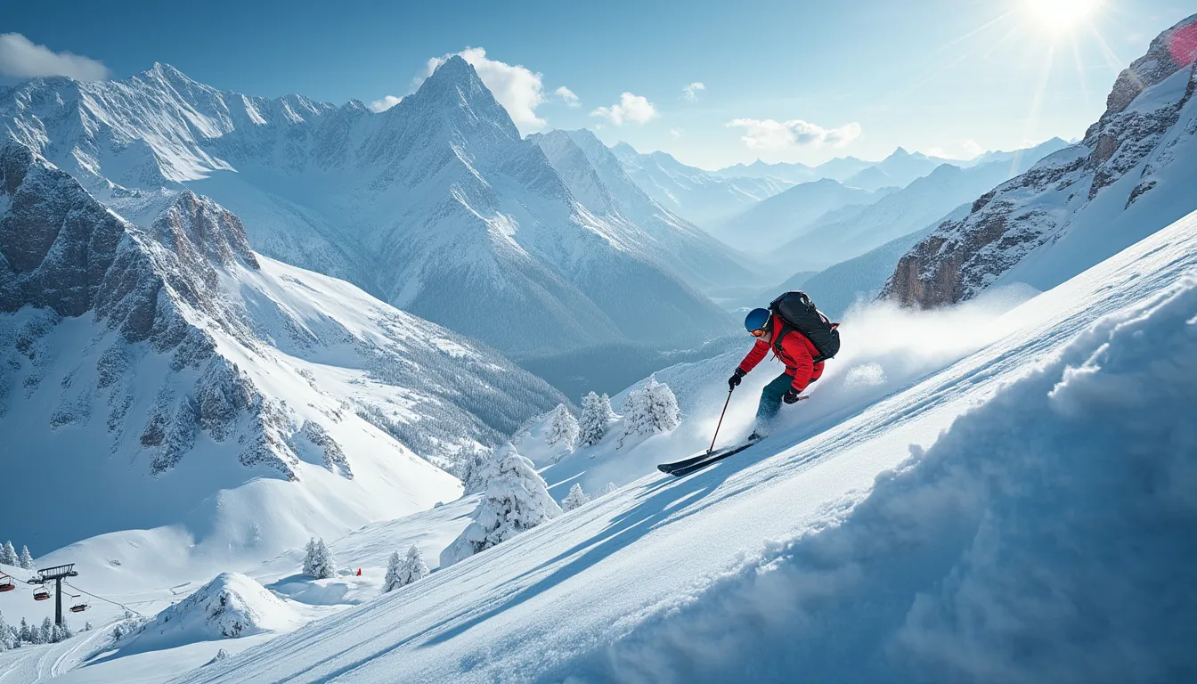 ski : skieur sur une montagne avec piste damée et terrain naturel