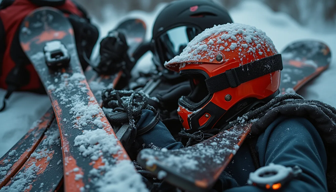 ski freeride : skieur équipé d'un casque, de fixations et de protections sur une pente enneigée