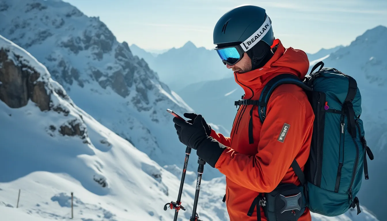 ski de randonnée : skieur en montagne utilisant une application mobile pour suivre son parcours