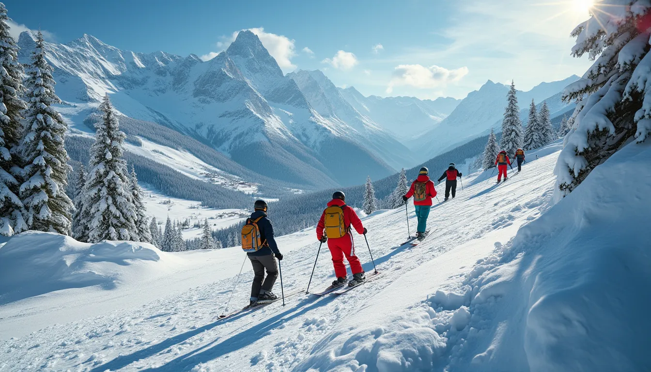 forfait ski : skieurs comparant les options de forfait ski journée et semaine sur une piste de ski