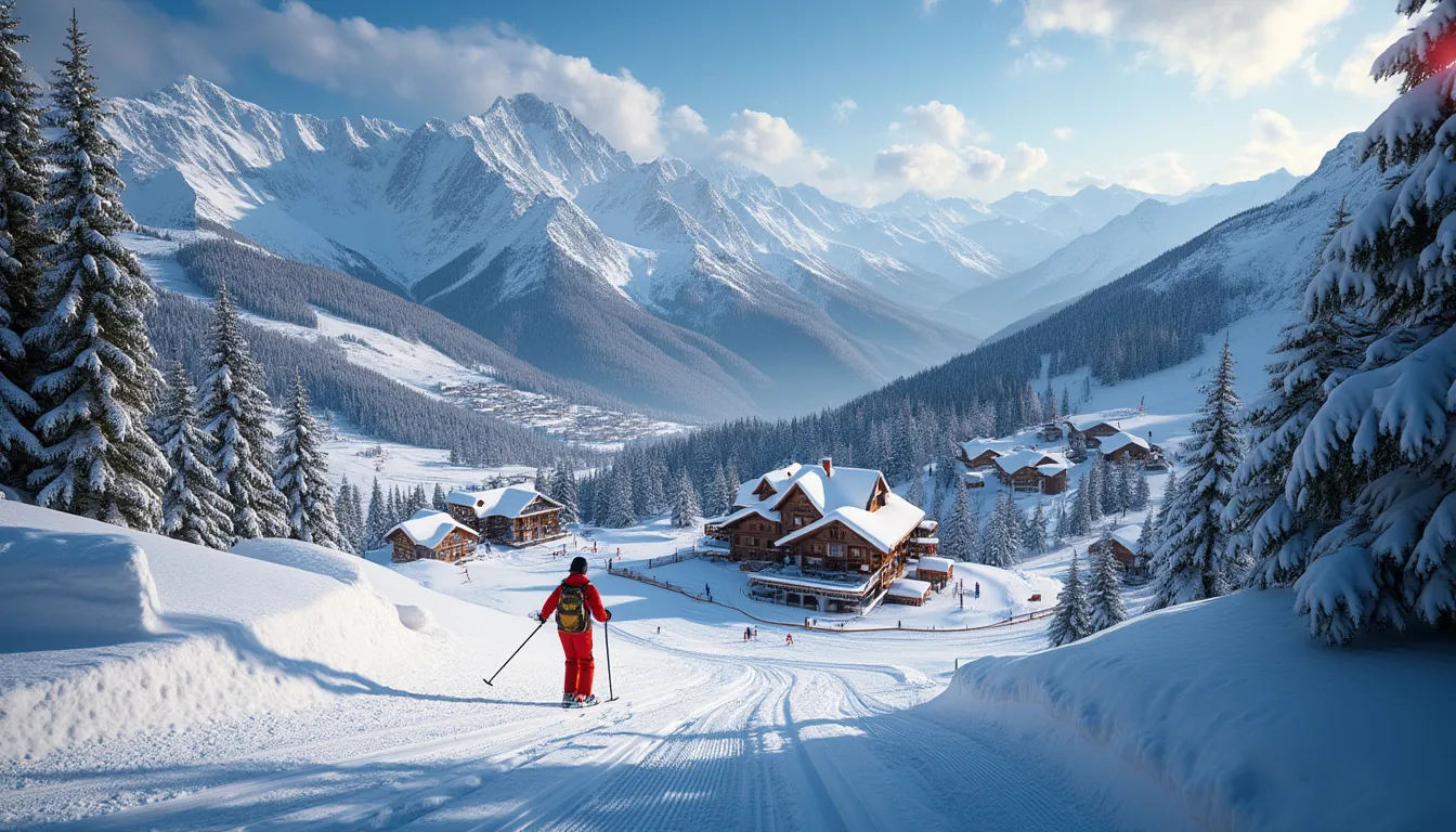 station de ski pas cher : paysage d'une station de ski en montagne avec des skieurs