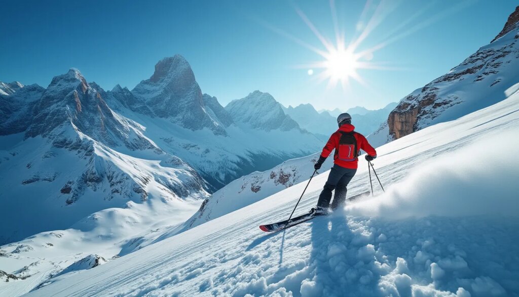 prévisions météo ski : graphique des conditions météorologiques en montagne avec skieur en arrière-plan