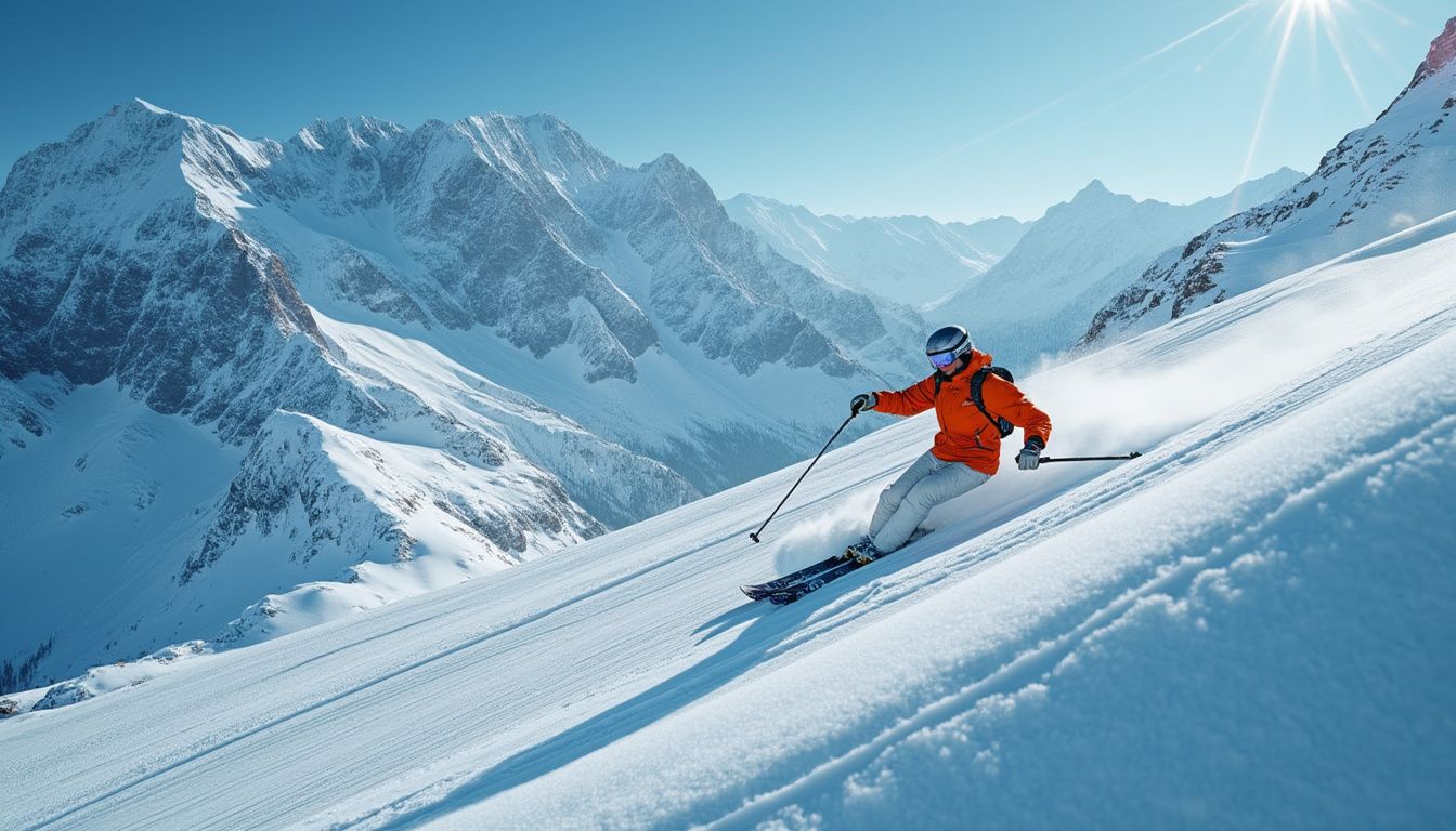 neige fraîche : skieur expérimenté dévalant des pentes en poudreuse