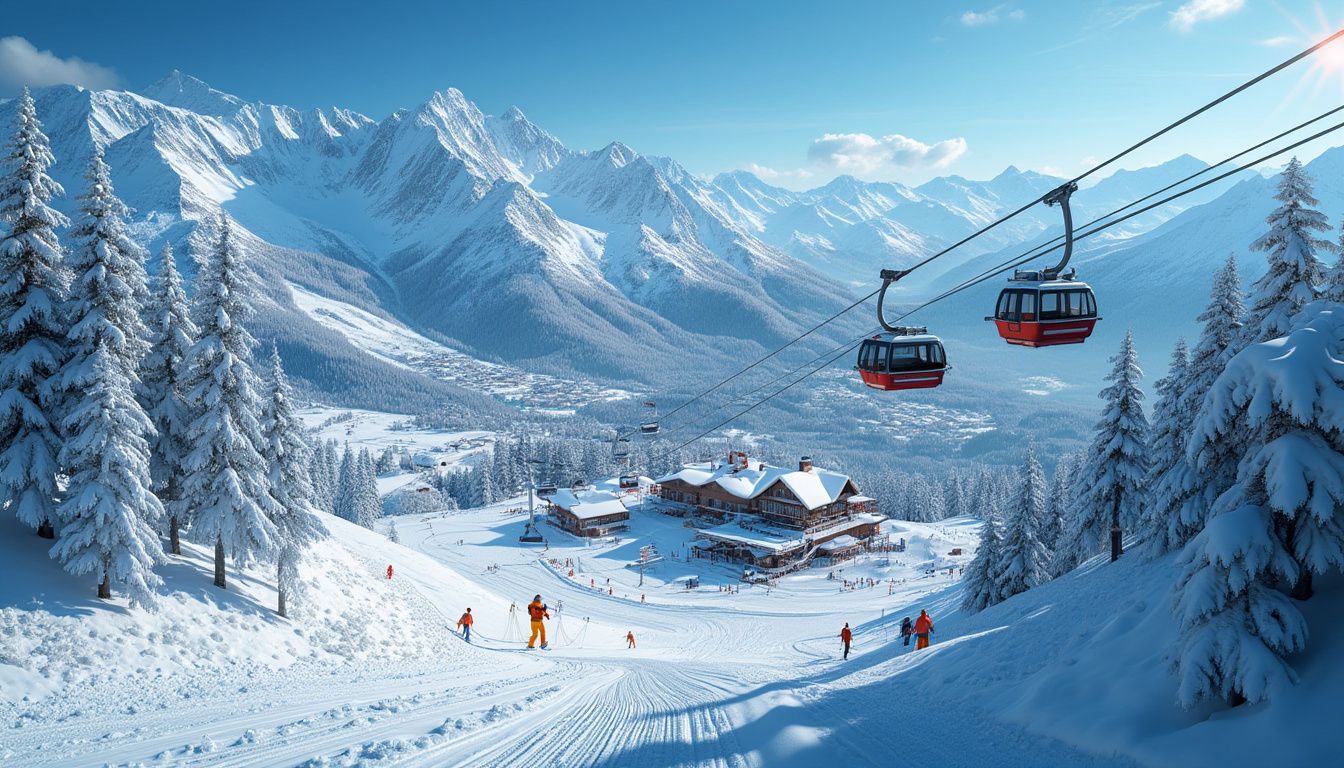 ski 2024 : vue panoramique d'une station de ski enneigée avec skieurs sur les pistes