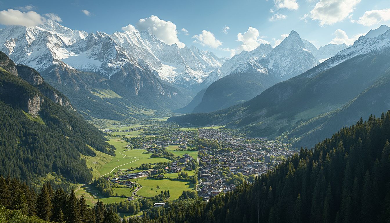 Alpes : vue panoramique d'une station de ski dans les Alpes avec pistes enneigées