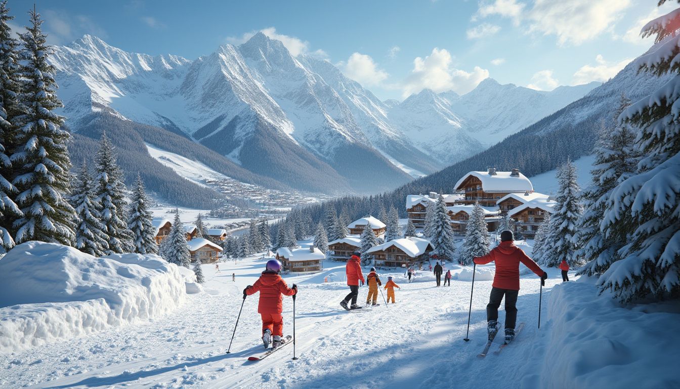 stations de ski familiales : paysages enneigés avec des familles profitant des activités de ski