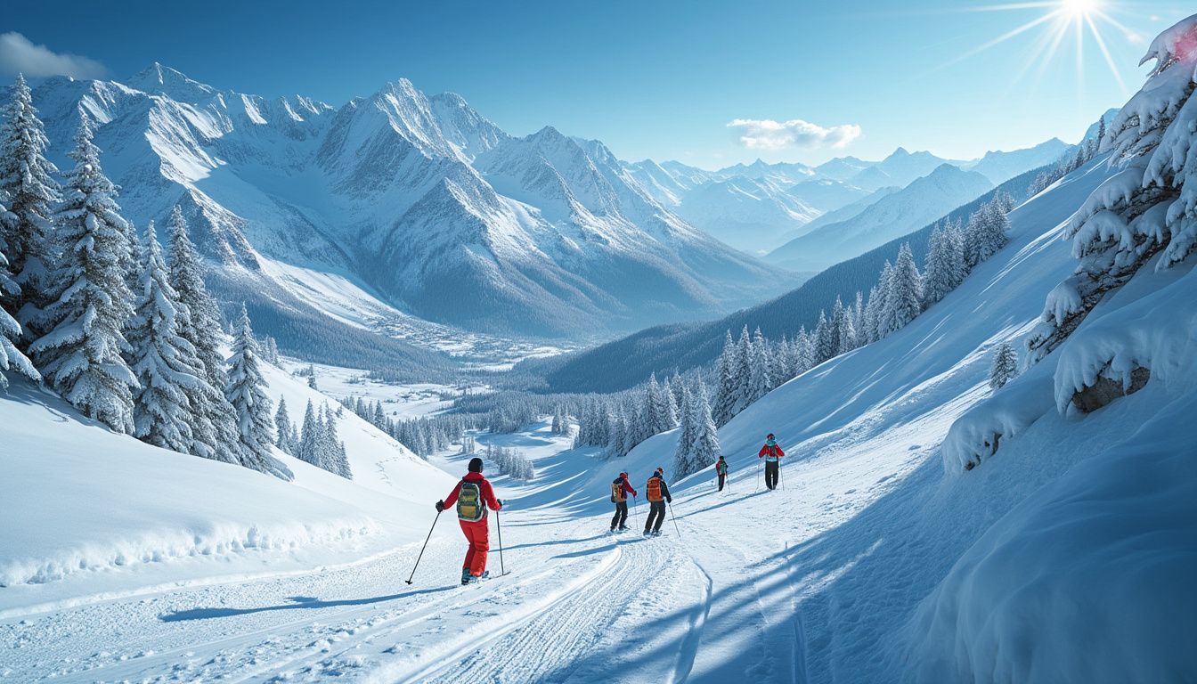 ski en Europe : vue panoramique d'une station de ski alpine sous le soleil