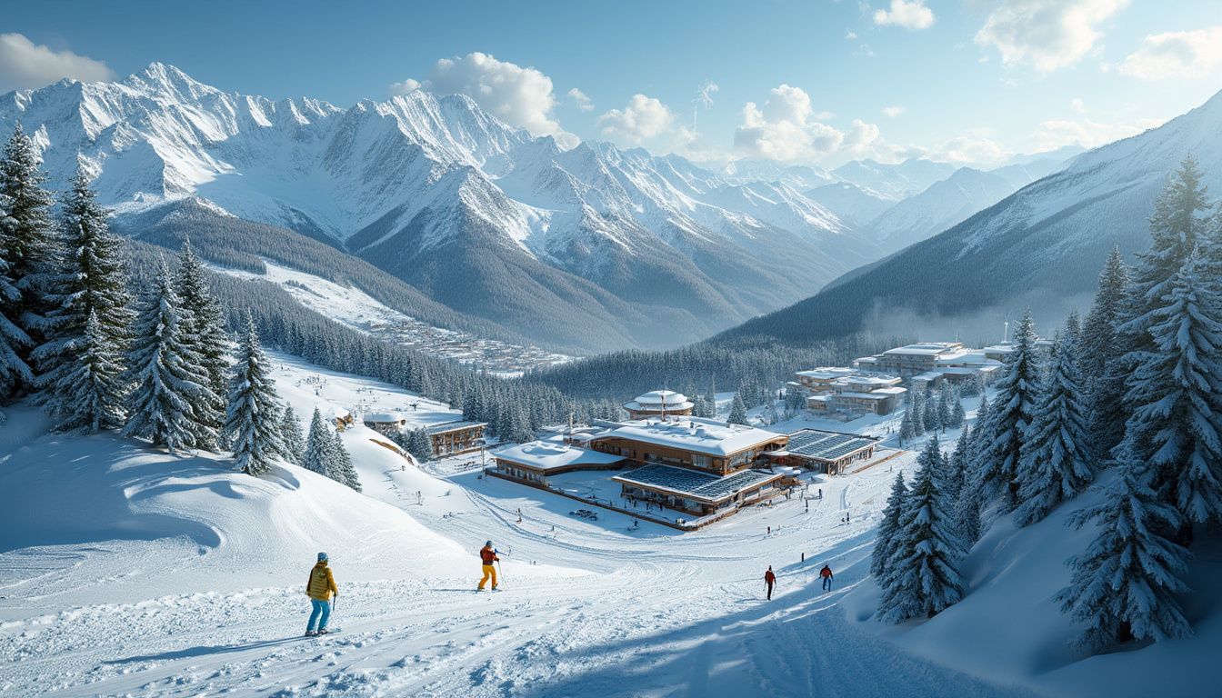 stations de ski engagées pour l’environnement : paysage d'une station de ski entourée de montagnes et de forêt préservée