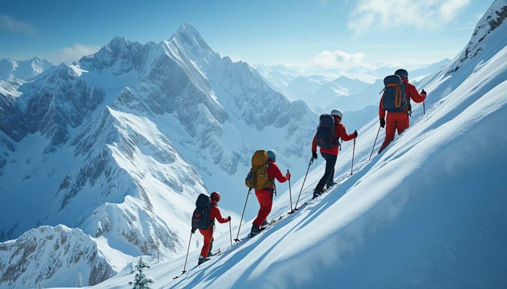 ski de randonnée : skieur en pleine ascension en montagne avec équipement écologique