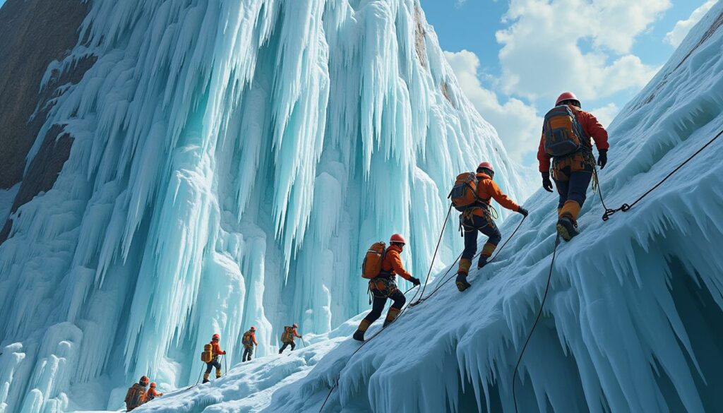 escalade sur glace : grimpeur escaladant une cascade de glace avec piolets et crampons