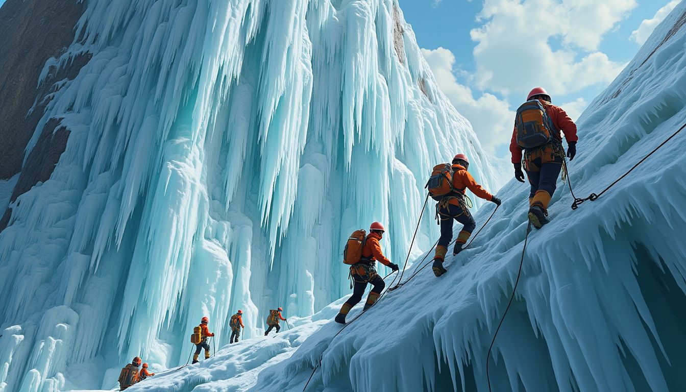 escalade sur glace : grimpeur escaladant une cascade de glace avec piolets et crampons