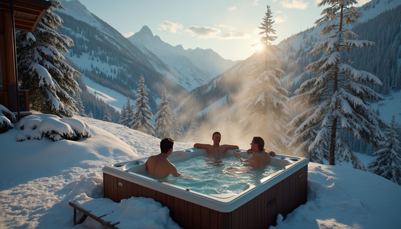 spa montagne : personne se relaxant dans un bain nordique en montagne après le ski