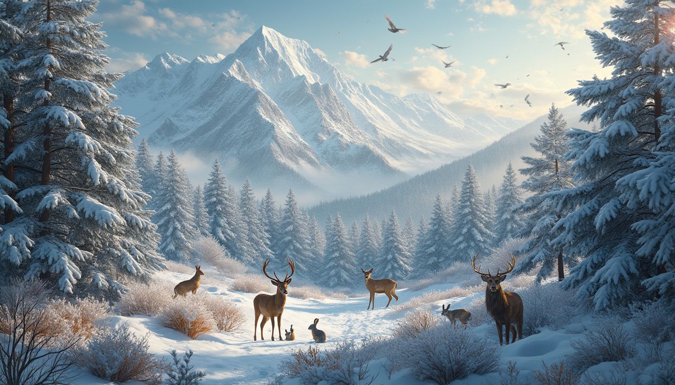 faune en hiver : paysages enneigés avec animaux sauvages en montagne