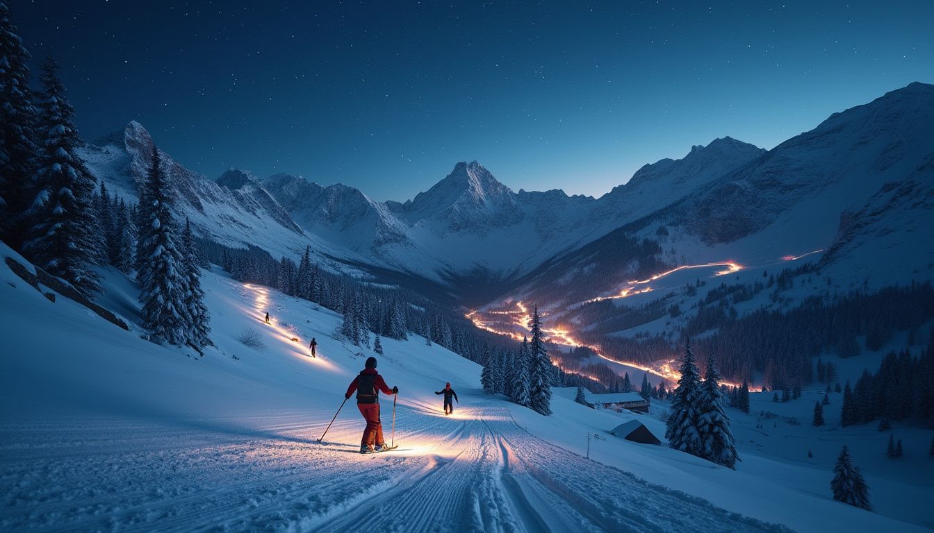 ski nocturne : skieur dévalant une piste éclairée la nuit