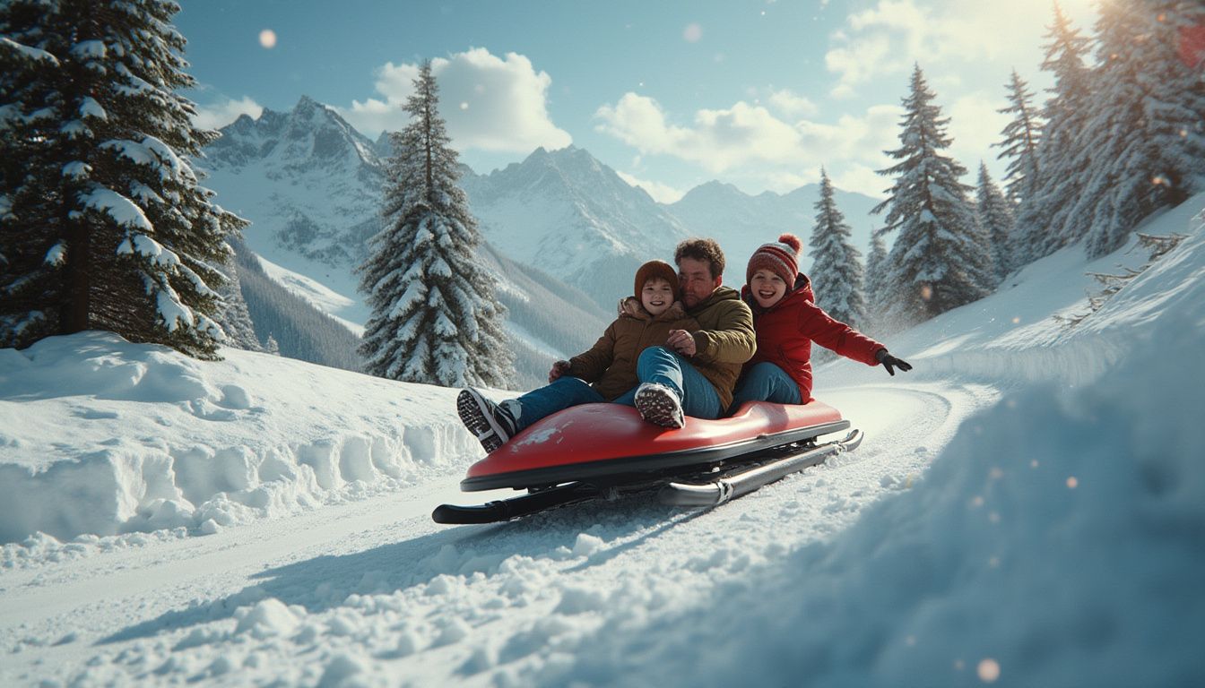 luge en montagne : famille profitant d'une descente en luge sur une piste enneigée en montagne