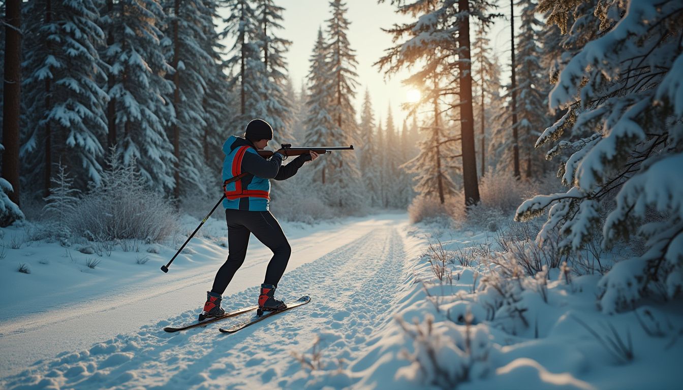 biathlon : athlète en ski de fond avec carabine prêt pour le tir
