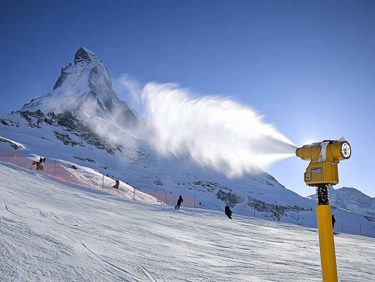 neige artificielle : canons à neige en action dans une station de ski