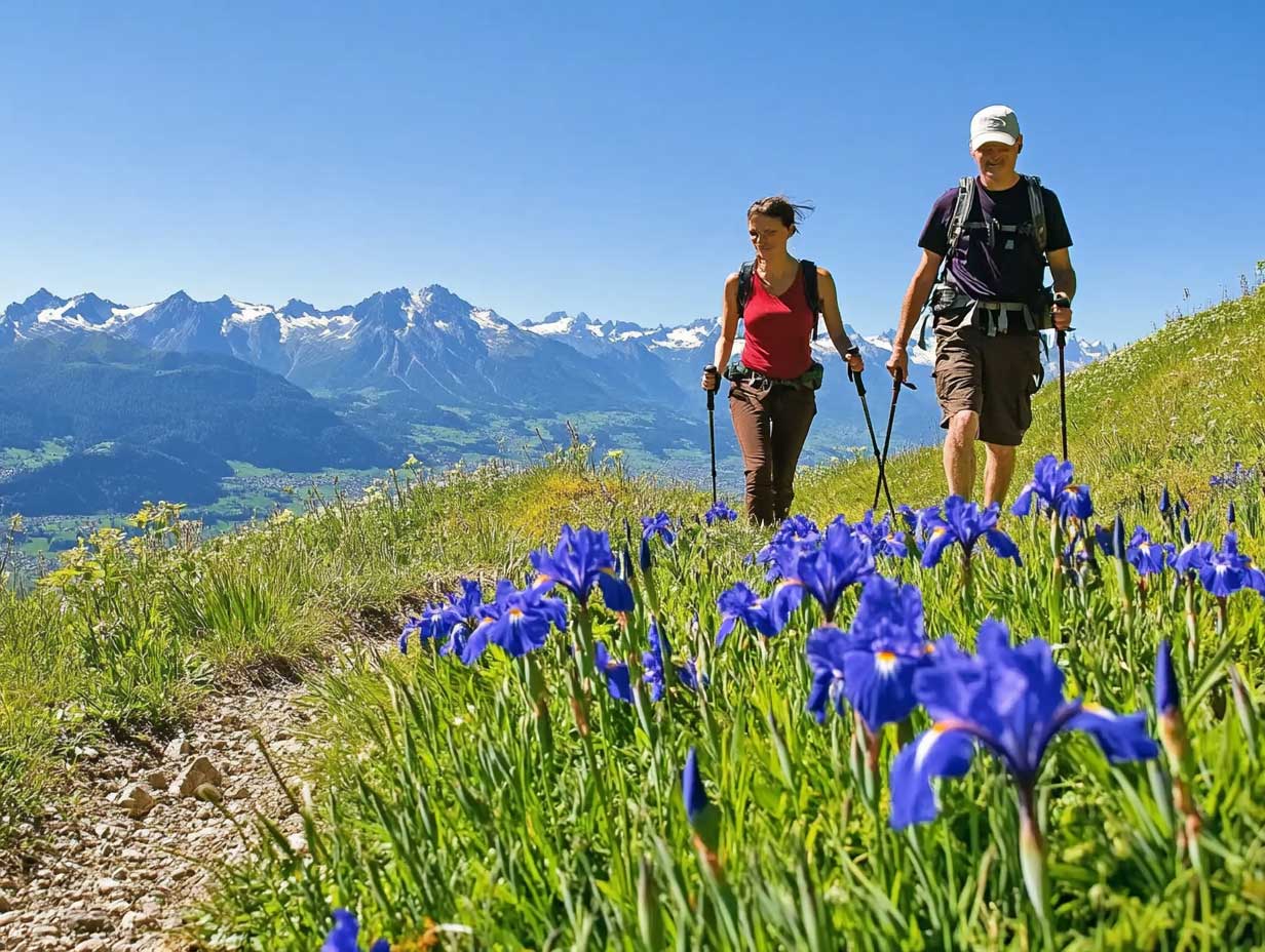 randonnée guidée : groupe de randonneurs accompagnés par un guide en pleine nature montagnarde