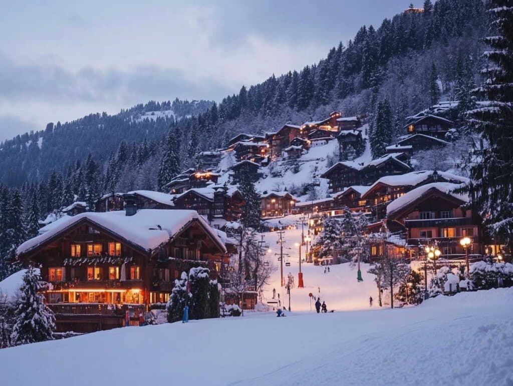 vacances au ski : skieur descendant une pente avec un village de montagne traditionnel en arrière-plan