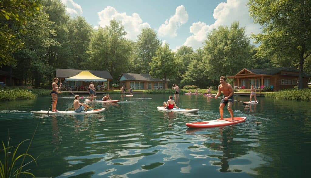 location paddle : planche de paddle sur un lac tranquille