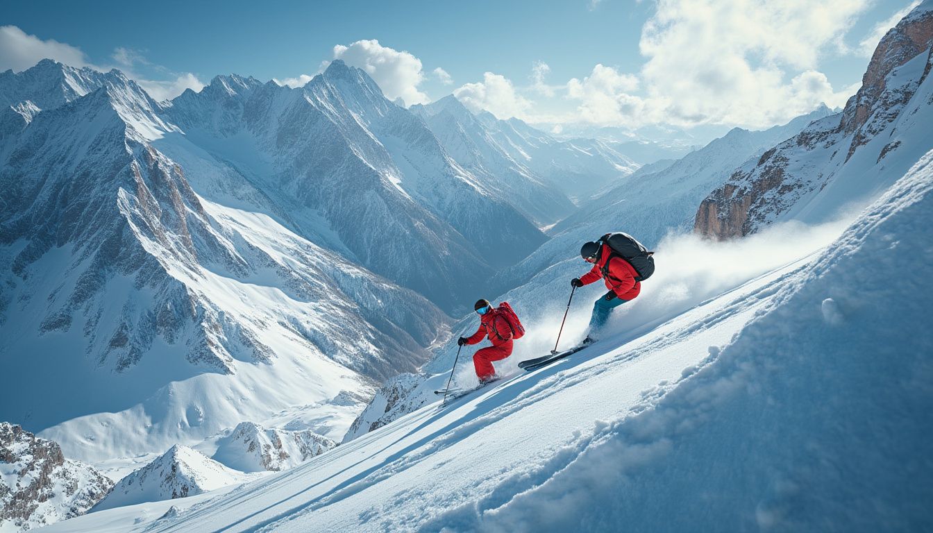ski freeride : skieur dévalant une pente enneigée hors-piste avec équipement de sécurité
