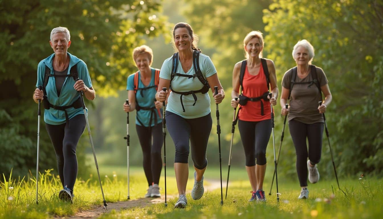 étirements marche nordique : personne effectuant des étirements avant une séance de marche nordique