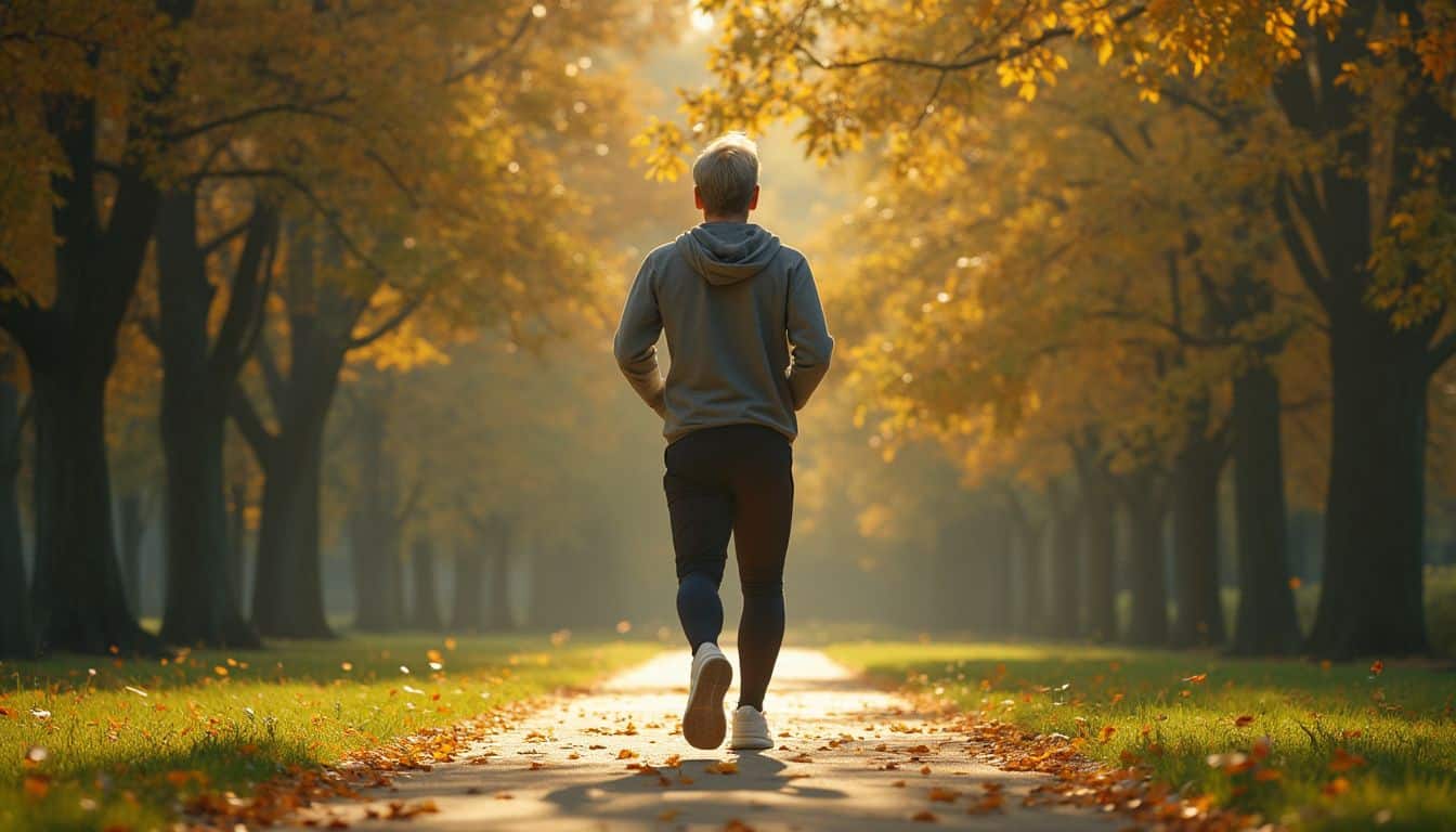 marche rapide : personne pratiquant la marche rapide en extérieur avec une posture dynamique