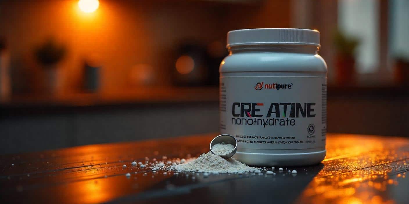 créatine monohydrate : pot de créatine en poudre et haltères pour la musculation