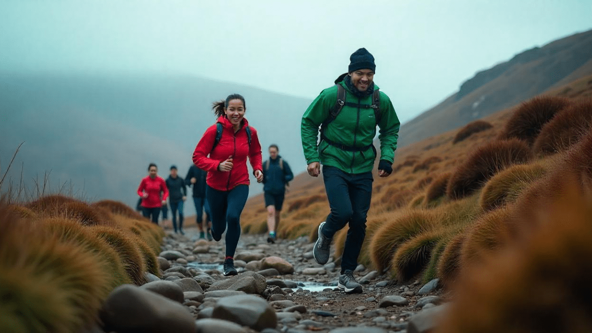 Ultra-Trail Snowdonia : coureur de trail en pleine ascension sur terrain rocheux et humide sous la pluie au Pays de Galles