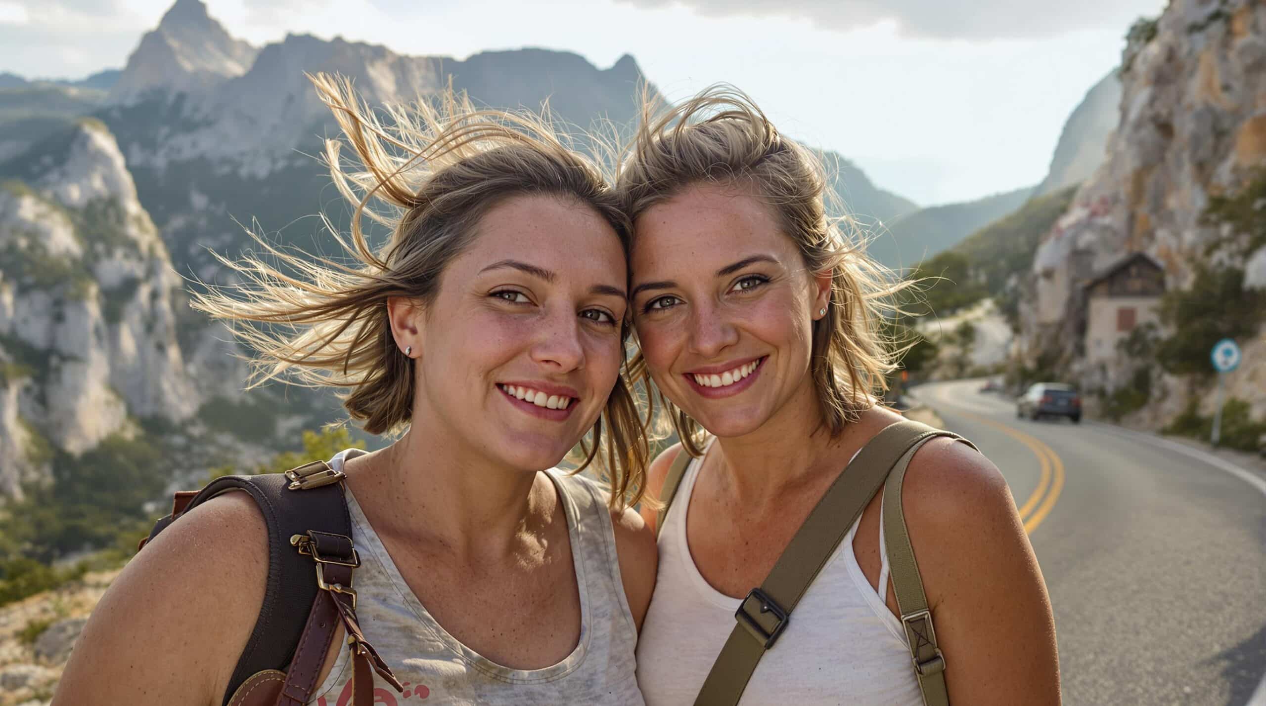 aventure à vélo : deux amies à vélo sur une route de montagne