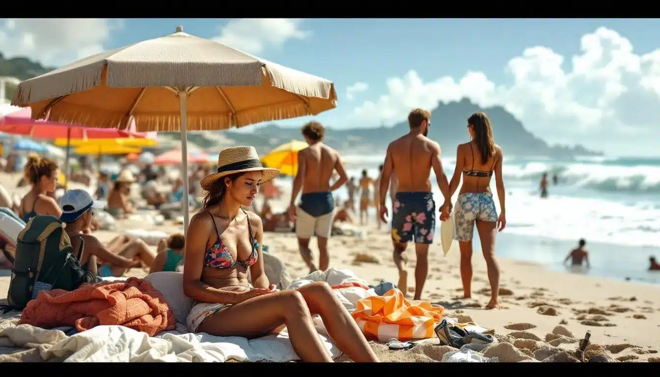 plage cap d'agde : plage avec des surfeurs et des vacanciers en été