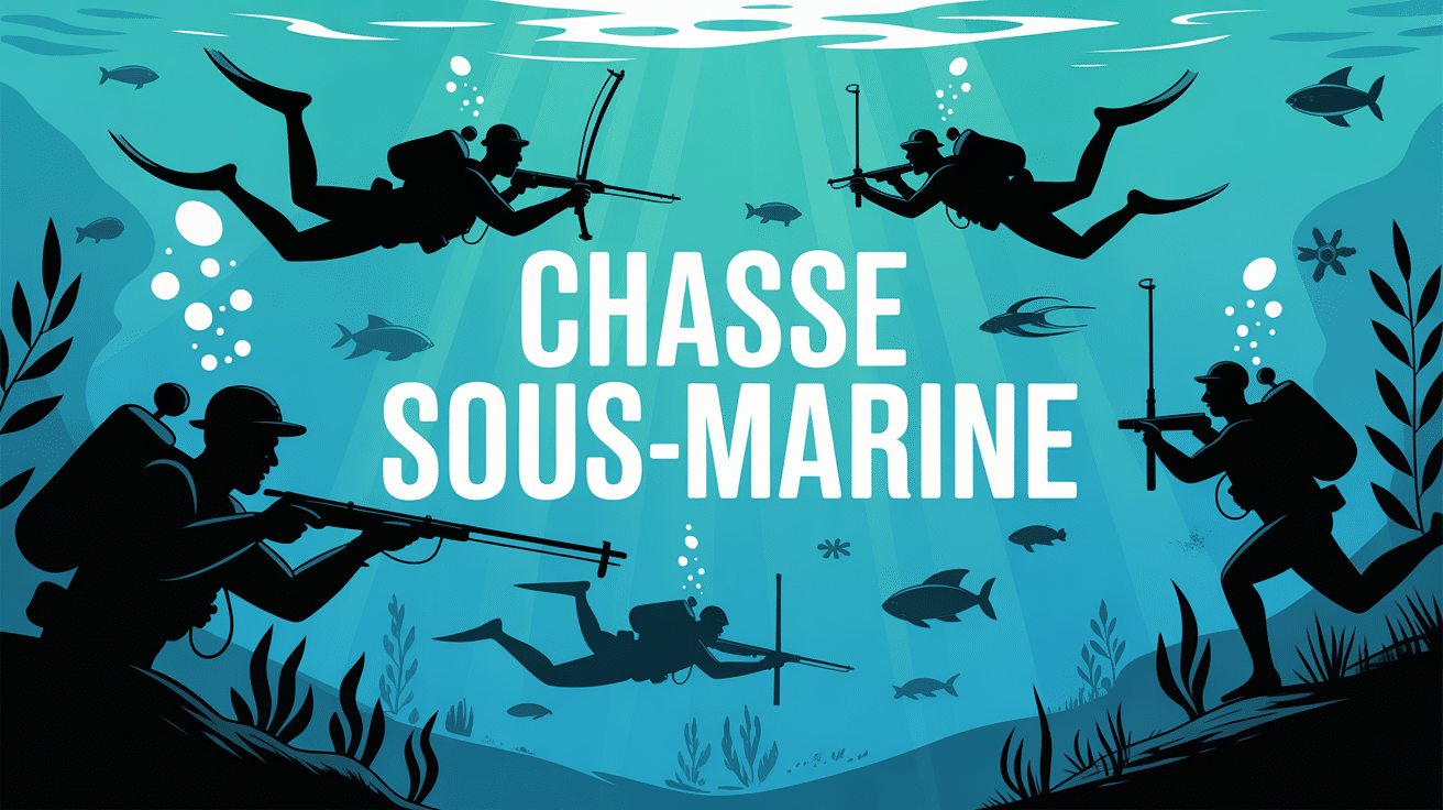 Illustration chasse sous marine groupe equipement action