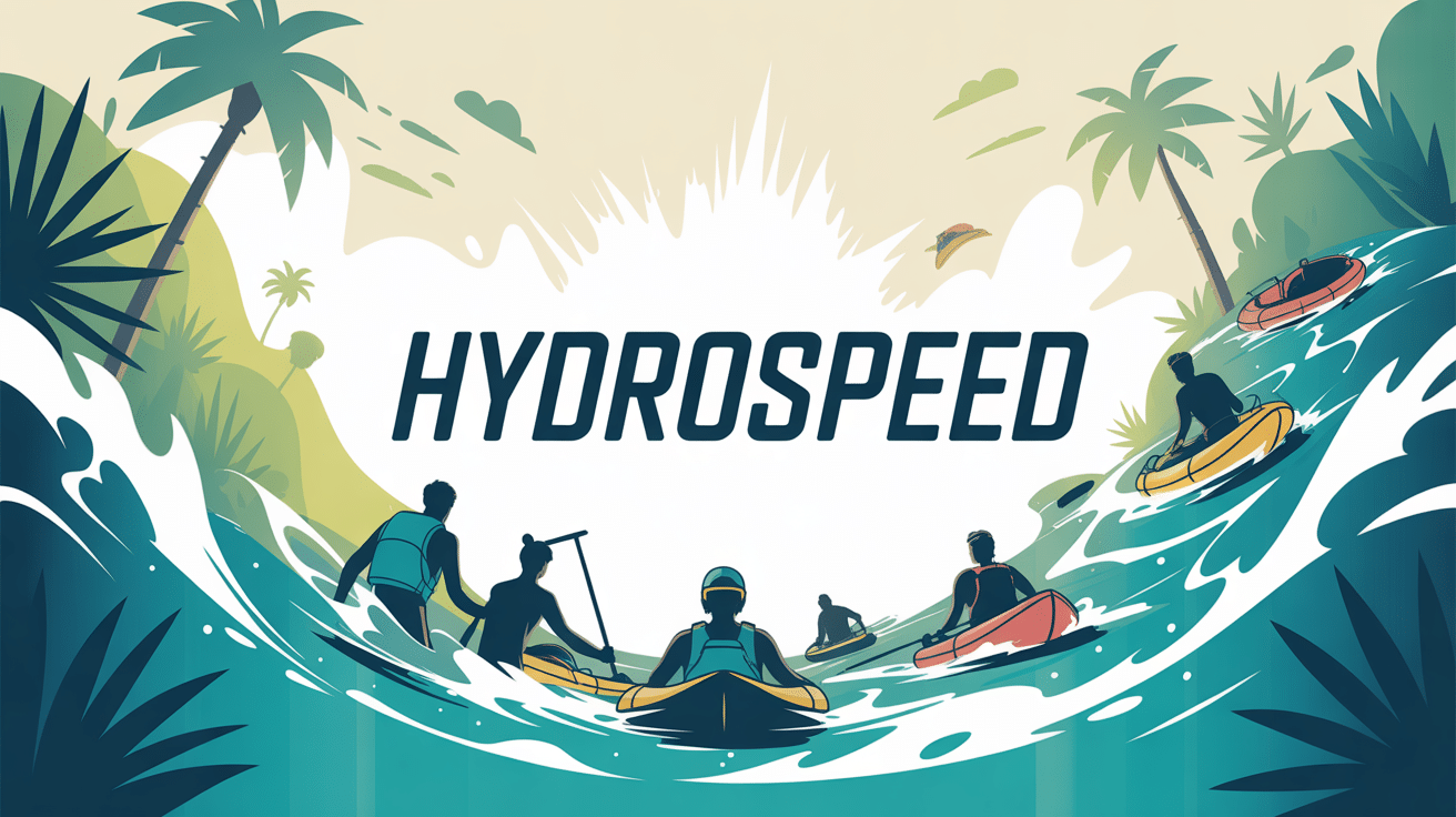 hydrospeed en riviere silhouettes equipees et flotteurs colorés