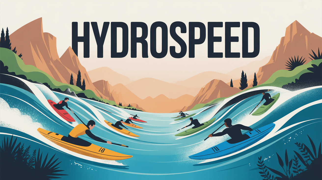 Illustration hydrospeed rivière montagne France, silhouettes et équipement