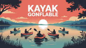 Kayak gonflable silhouettes lac nature lever soleil