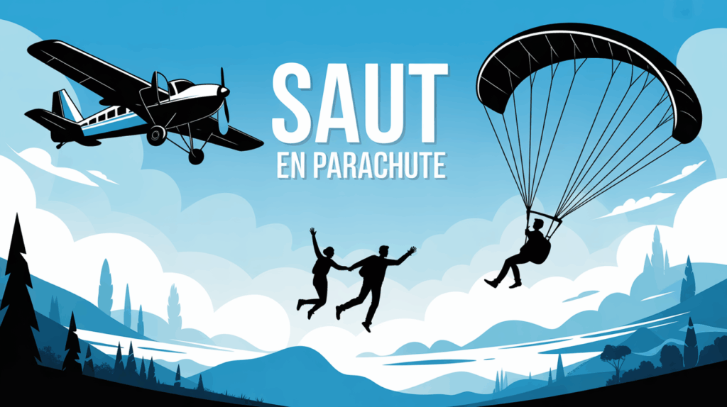 Deux silhouettes sautent en parachute sous un ciel bleu avec harnais et voile