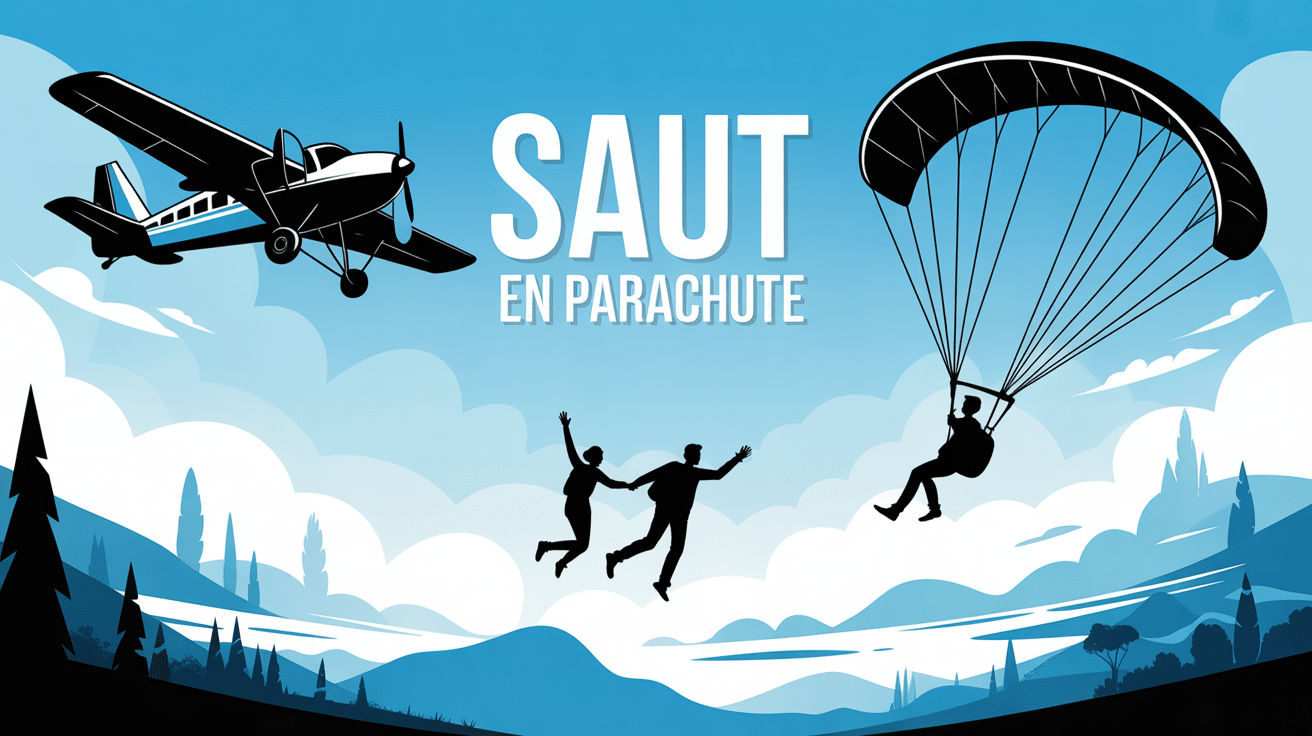 Deux silhouettes sautent en parachute sous un ciel bleu avec harnais et voile