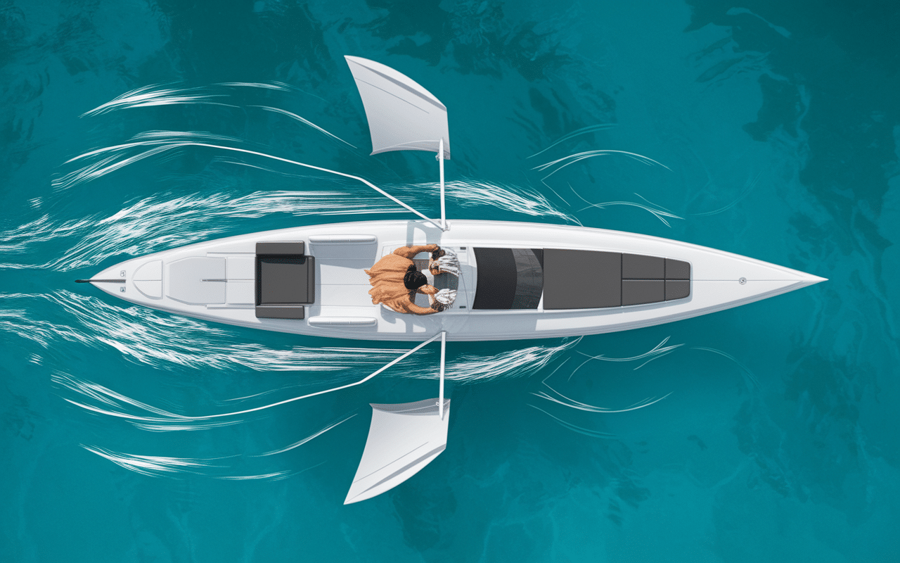 Vue dessus skiff aviron ultraléger avec rameur