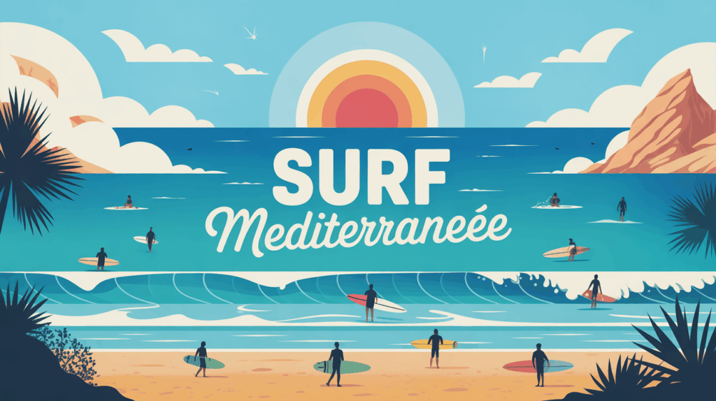 Illustration stylisee surfeurs et vagues Mediterranee