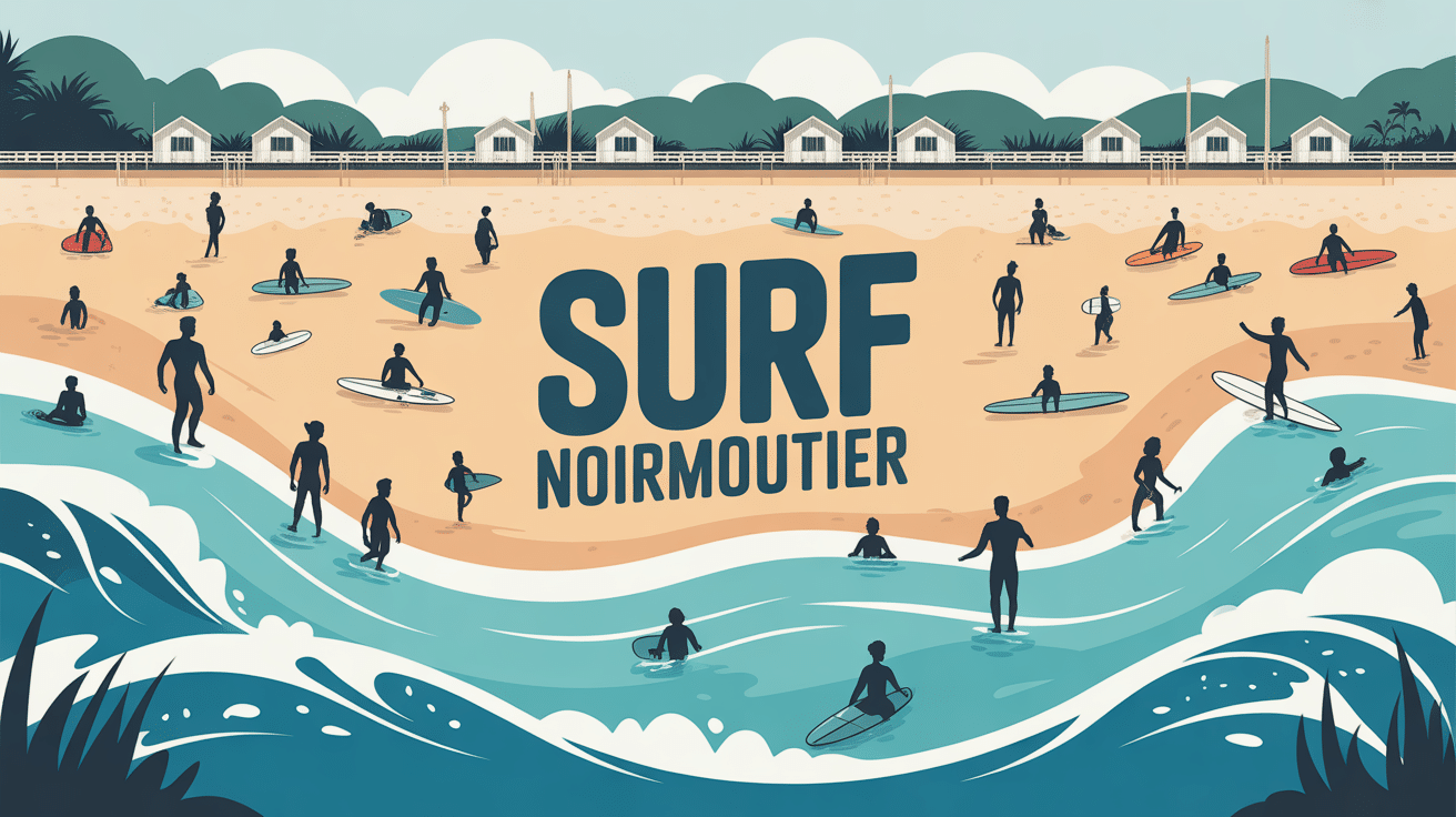 SURF NOIRMOUTIER illustration plage surfeurs vagues douces