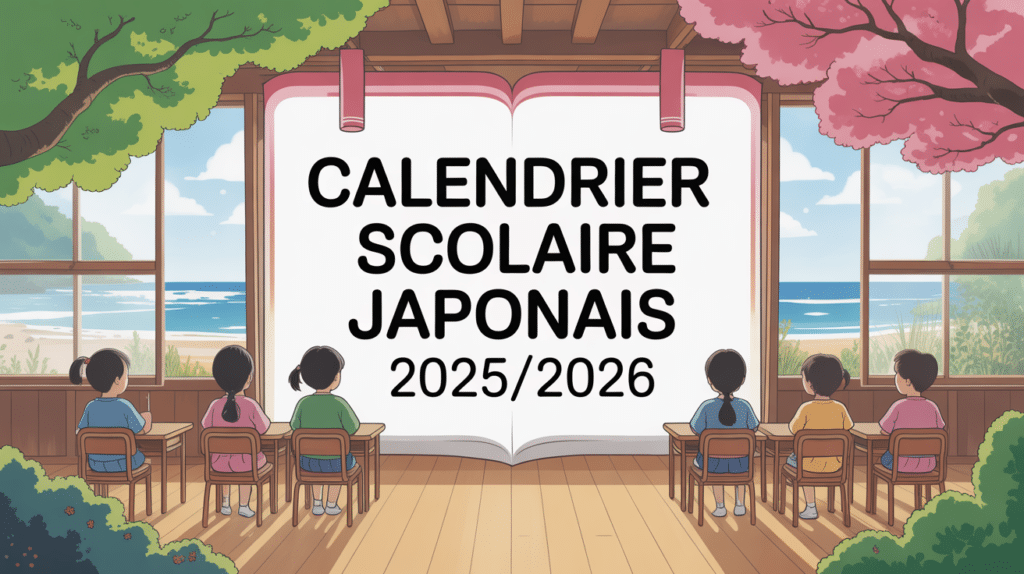 Calendrier scolaire japonais 2025 2026 illustration salle de classe cerisiers plage