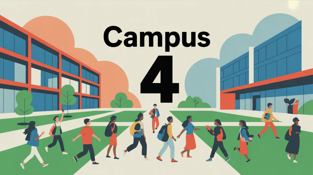 Vue stylisée campus 4 avec étudiants et bâtiments