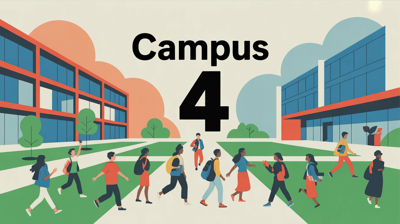 Vue stylisée campus 4 avec étudiants et bâtiments